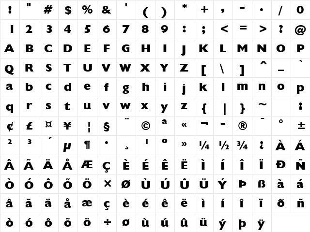 Humanst521 XBd BT Extra Bold  glyph index