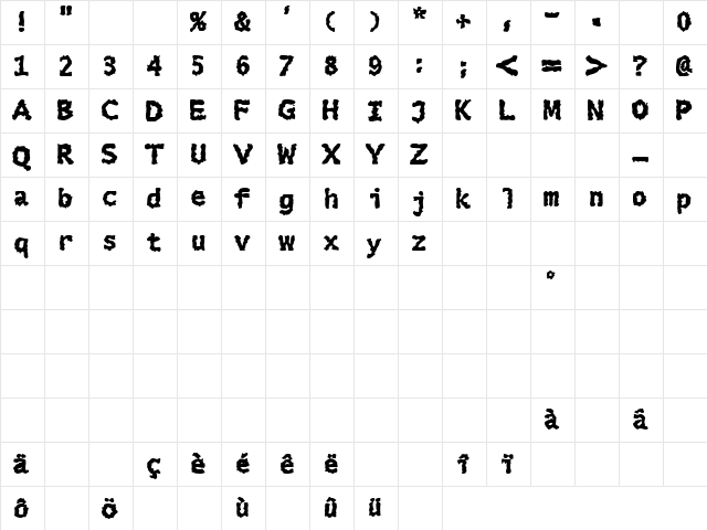 Extralucid Regular  glyph index
