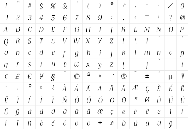 NashvilleSerial-Xlight Italic  glyph index