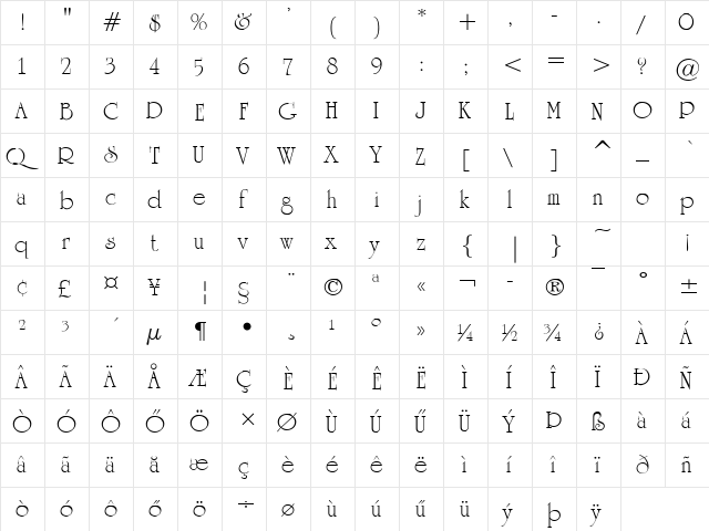 University Ornate Regular  glyph index