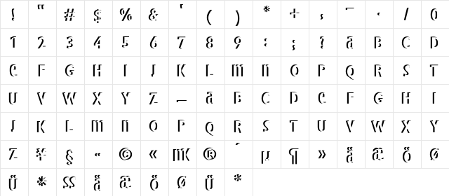 BradburysBoldShadow Regular  glyph index