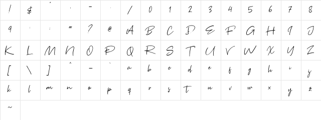 Brown Pen Regular  glyph index