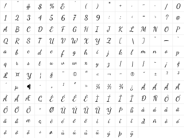 Dancing Script Regular  glyph index