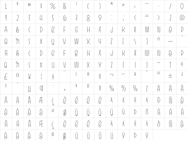 Pasto Print Thin  glyph index