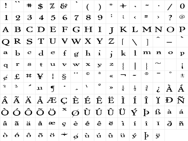 ThomasPaineExtended Regular  glyph index