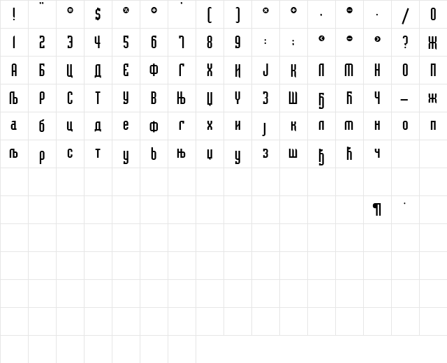 Bedrock Cirilica Regular  glyph index