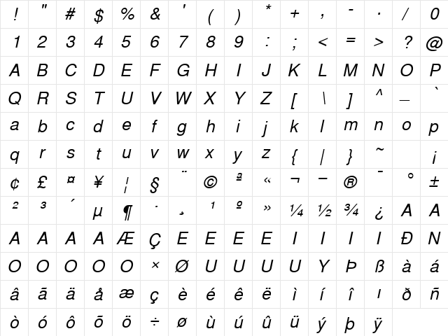 WestSansSSK Italic  glyph index