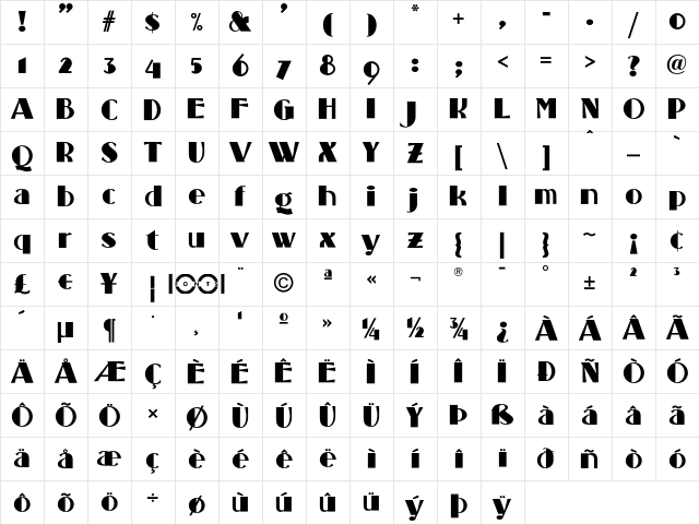 Standing Room Only NF Regular  glyph index
