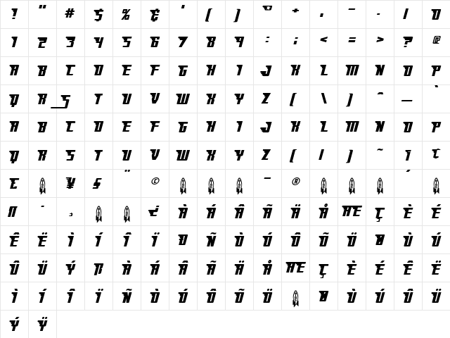 Rocketship Regular  glyph index
