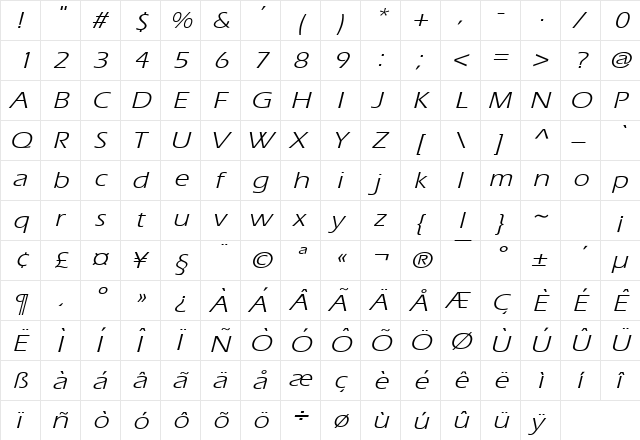 Eric Wide Italic  glyph index