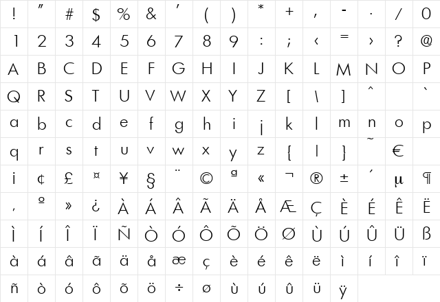 Limerick-Light Regular  glyph index