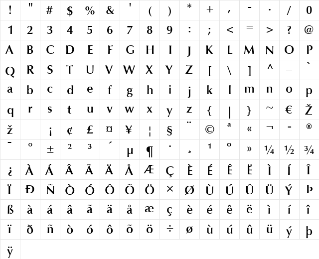 Optima LT DemiBold Regular  glyph index