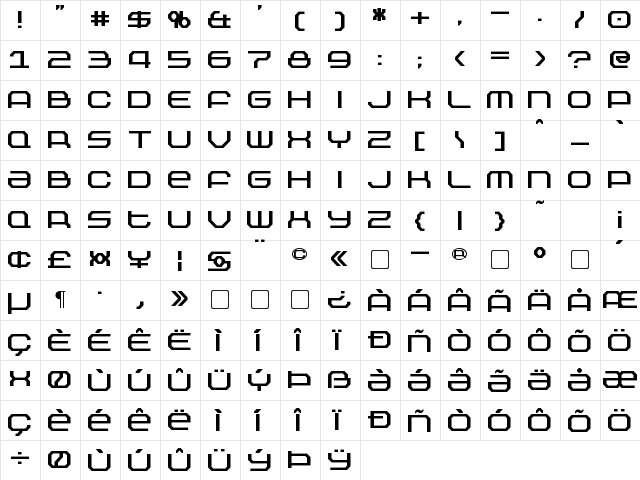 Outland Regular  glyph index