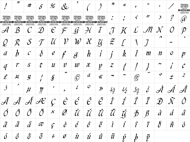 Caligraf Medium PERSONAL USE Regular  glyph index