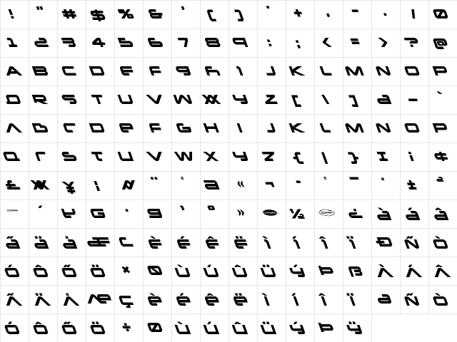 New Mars Leftalic Italic  glyph index