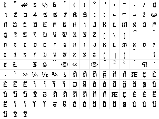 HebrewExtended Regular  glyph index