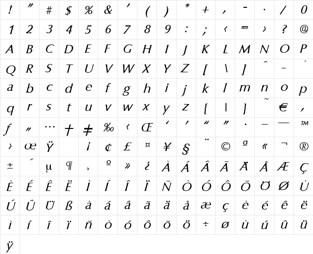 Columbia-RegularIta Regular  glyph index
