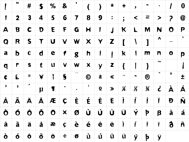 Omaha Bold Regular  glyph index