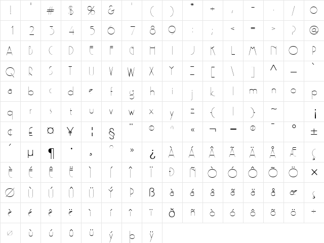 Zelda Regular  glyph index