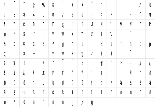 SF Gothican Condensed Bold  glyph index