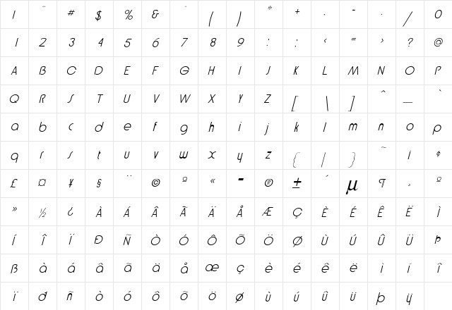 Bethel Italic  glyph index
