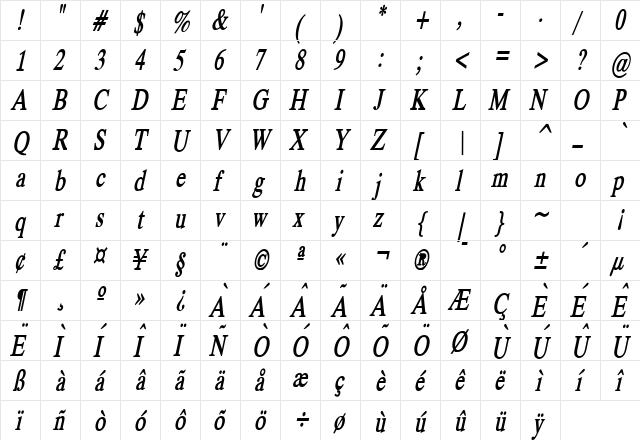 Duke Condensed Bold Italic  glyph index