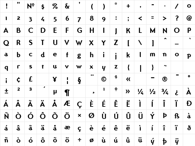 OttomatBold Regular  glyph index