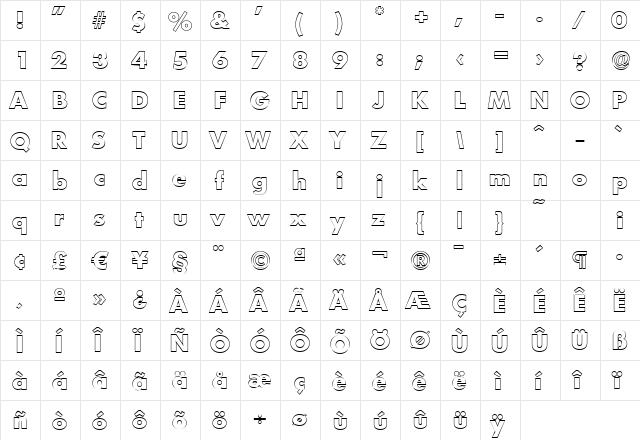 PeterBeckerOutline-ExtraBold Regular  glyph index
