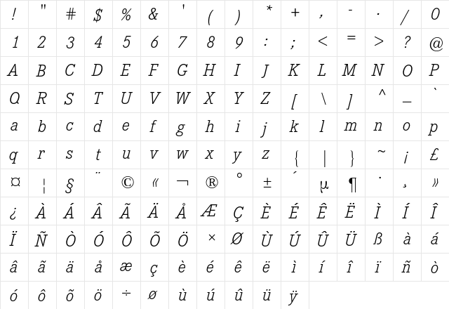 Corporate E BQ Regular  glyph index