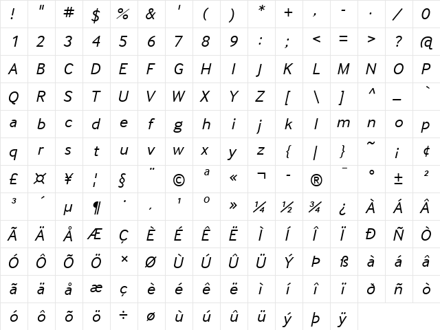 InterFace DaMa Italic  glyph index