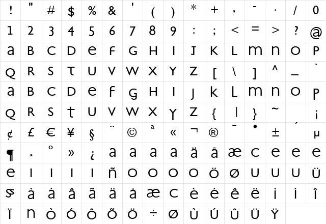 Artist Regular  glyph index