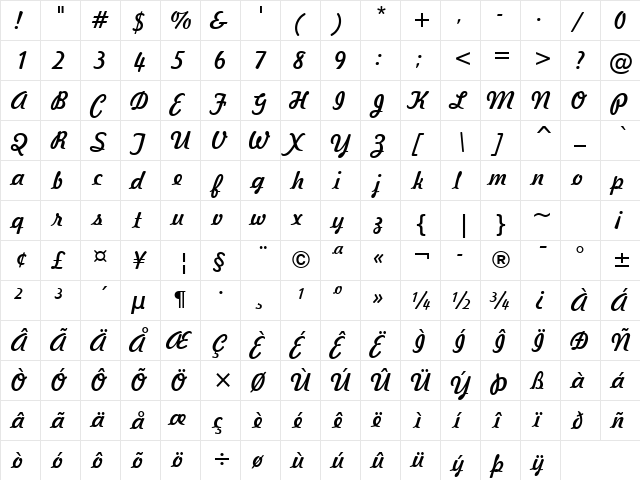 Freehand521 BT Regular  glyph index