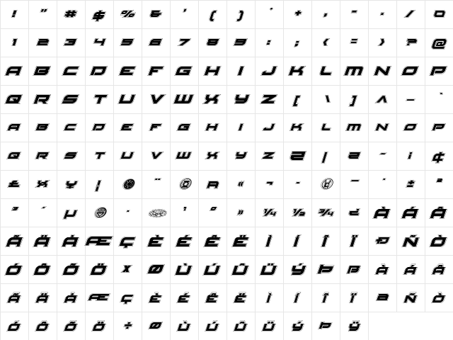 Red Rocket Academy Italic Italic  glyph index