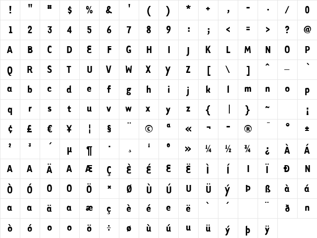 Tarzana Narrow Bold Regular  glyph index