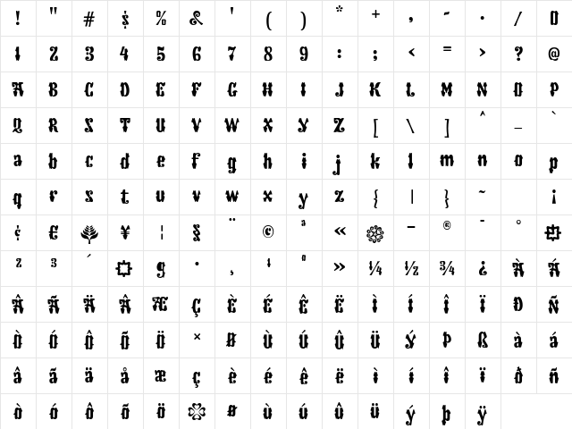 Nani Regular  glyph index