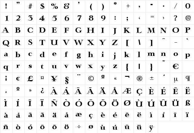 Lingwood-Bold Regular  glyph index