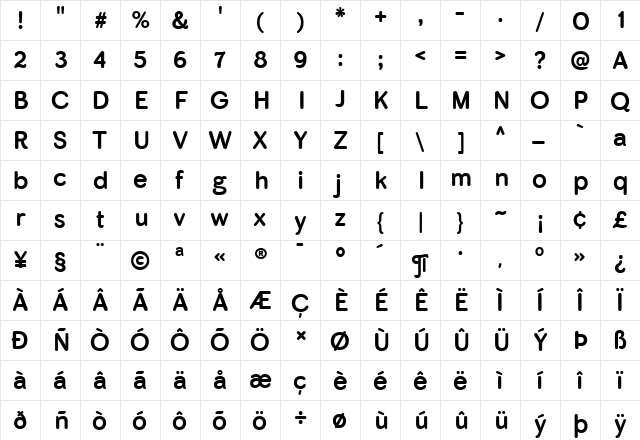 Skirt Bold  glyph index