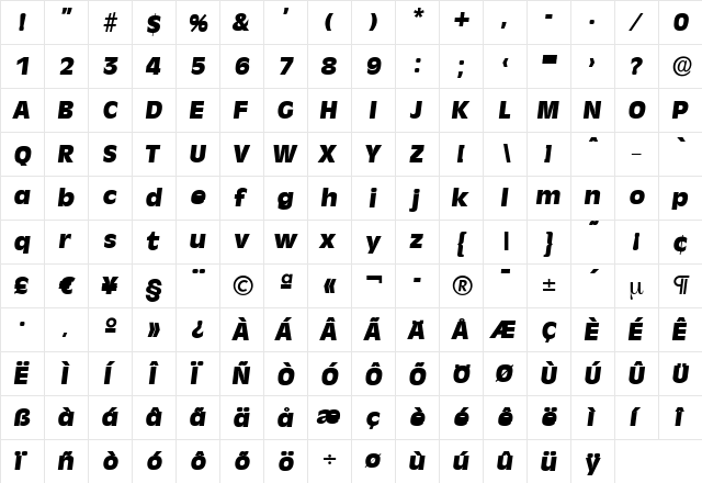 ArthurBecker-Heavy Italic  glyph index