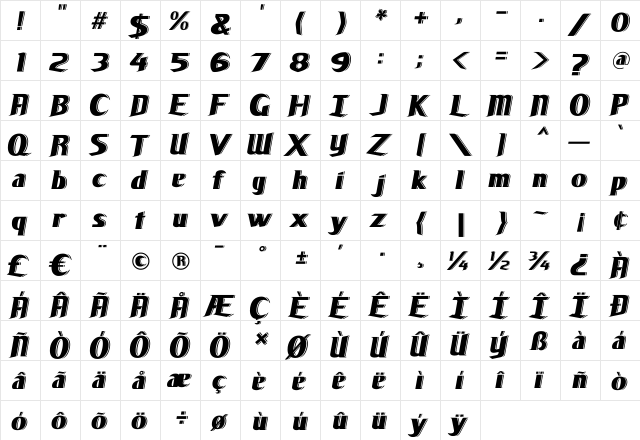 La Mesa Italic Regular  glyph index