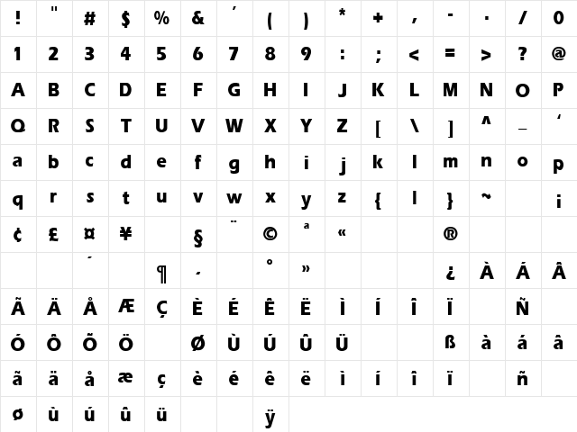 Presence 11 Regular  glyph index