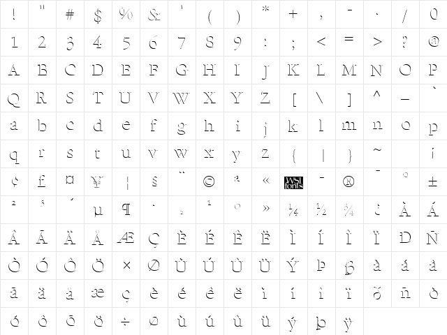 ReliefSerif Regular  glyph index