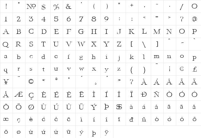 LHF Fineline Roman Regular  glyph index