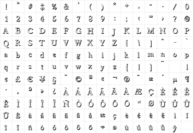 WorcesterShadow Regular  glyph index