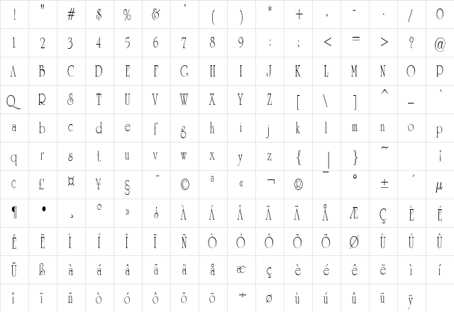 UniversityOrnateCondensed Regular  glyph index