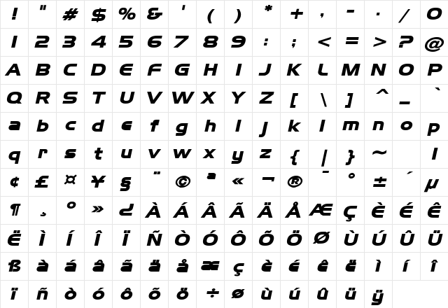 Hanzel Wide Bold Italic  glyph index