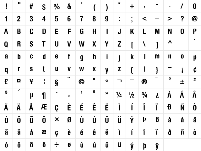HelveticaRounded-Condensed Bold  glyph index