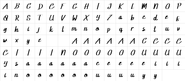 Rowland Demo Caligraphy Regular  glyph index