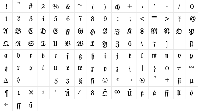 WalbaumFraktur DB Regular  glyph index