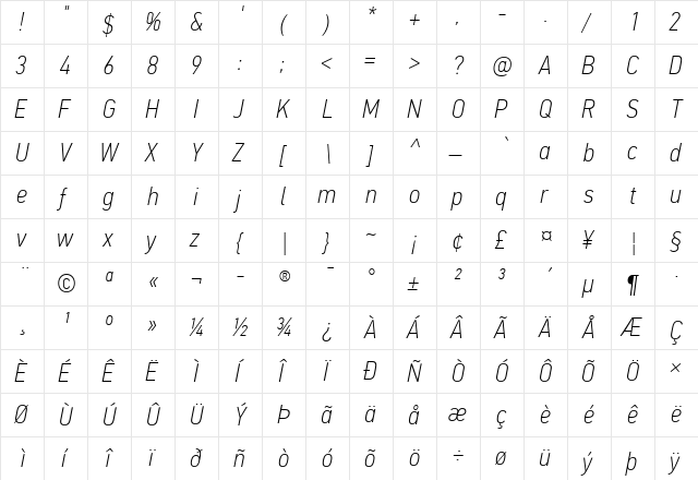 PF Din Text Cond Pro Thin Italic  glyph index