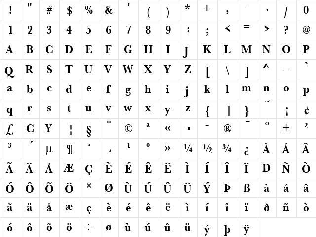 RoxanneBeckerNarrow Bold  glyph index